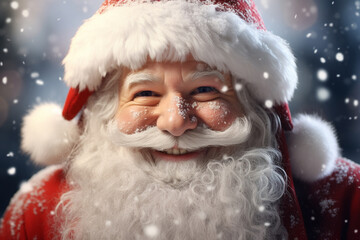 A close-up Santa Claus reveals his warm, benevolent countenance, marked by cheerful smile on snowy scene bokeh background, adding to enchanting ambiance of moment. Generative AI.