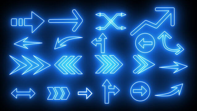 Set of glowing neon arrows. Glowing neon arrow pointers on black  background. Shining and glowing neon effect all arrow set.