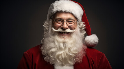 Naklejka premium A close-up Santa Claus reveals his warm, benevolent countenance, marked by cheerful smile on snowy scene bokeh background, adding to enchanting ambiance of moment. Generative AI.