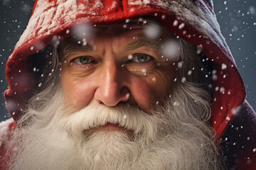 A close-up Santa Claus reveals his warm, benevolent countenance, marked by cheerful smile on snowy scene bokeh background, adding to enchanting ambiance of moment. Generative AI.