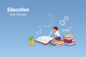 Education, back to school and reading as knowledge concept. Kid doing homework on books with mathematical  and physics formula. 3D vector.