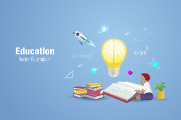 Education, back to school and reading as knowledge concept. Kid doing homework on books with smart brain in lightbulb and flying school elements for student inspiration and imagination. 3D vector.