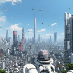 Large futuristic city in anime style. Very high population density lived in and many skyscraper far away. Cityscape art designed by generative ai. - obrazy, fototapety, plakaty