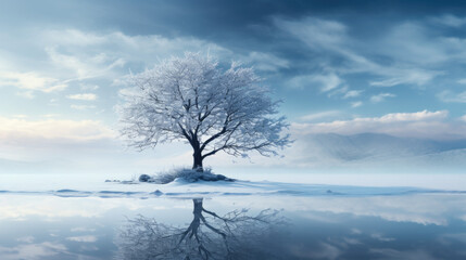 Beautiful winter landscape with a tree and a lake in front of it - obrazy, fototapety, plakaty