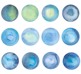 A set of watercolor circles isolated on a white background, hand-drawn. Watercolor spots in blue and green shades with a gradient. An element for design and decoration.