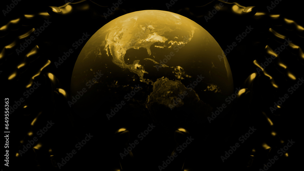 Poster black background with green and yellow patterns. design. the illuminated planet earth made in abstra