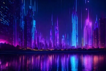
abstract urban futuristic background. Cityscape with neon light, starry night sky and water 