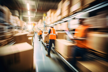 Blurred image of warehouse employees in action, moving shipment boxes efficiently, showcasing the dynamics of international trade logistics