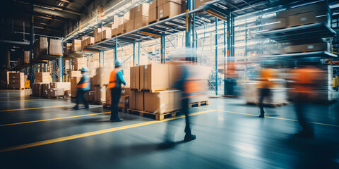 Blurred image of warehouse employees in action, moving shipment boxes efficiently, showcasing the dynamics of international trade logistics