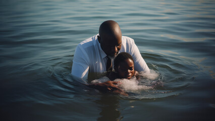 Baptism. A black Pastor baptize a little black kid in the water - obrazy, fototapety, plakaty