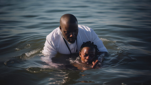 Baptism. A black Pastor baptize a little black kid in the water