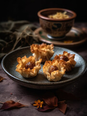 Shui lan fried wonton for chinese kung pao, in the style of flower and nature motifs AI Generated