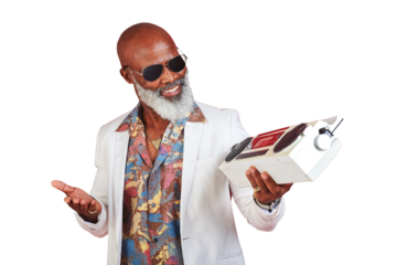 Vintage, boombox and senior man with fashion, smile and stylish clothes isolated on a transparent background. African person, happy pensioner and model with speaker, music and retro outfit with png