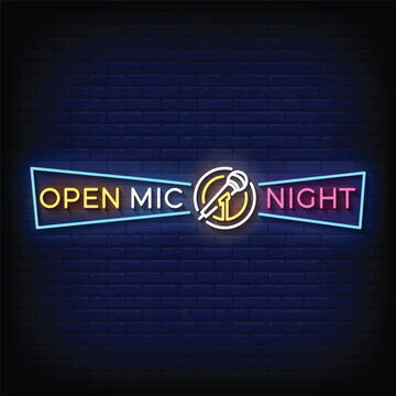 Neon Sign open mic night with brick wall background vector
