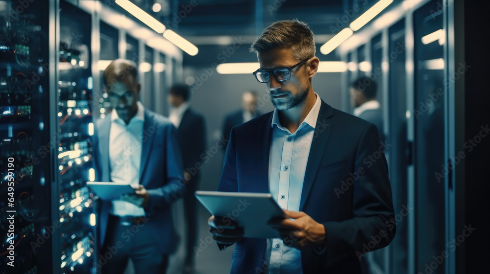 Poster two specialist holding laptop are checking and talking at a data center.