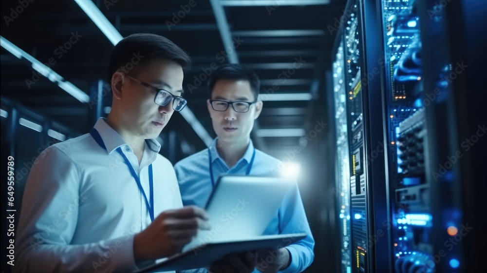 Poster it team of two people working in the data center, surrounded by servers.