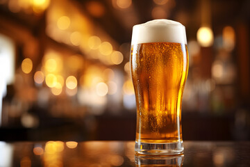 Cold beer pour in glass in pub background - obrazy, fototapety, plakaty