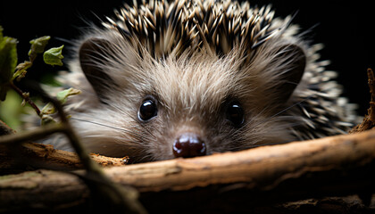 Fototapeta premium Cute hedgehog looking alert, surrounded by nature furry creatures generated by AI