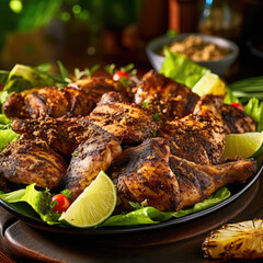 Slices of home-made jerk chicken fillets marinated in jerk seasoning, AI Generated