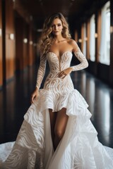 Naklejka premium Beautiful bride in white long wedding dress, Modern wedding dress ideas, wedding.