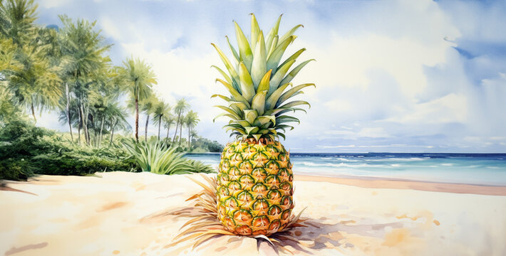 pineapple on the beach, Hawaiian pineapple watercolor painting hd wallpaper