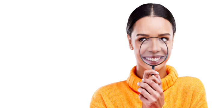 Happy, smile and woman with magnifying glass with zoom on for mouth for dental health. Face, excited investigation and female model from Brazil with magnifier isolated on transparent, png background