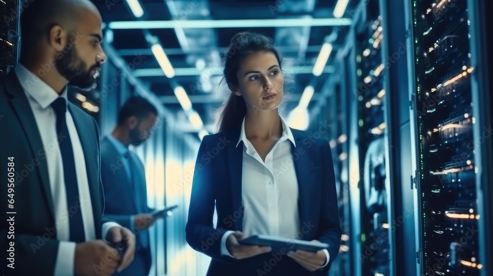 Poster portrait of woman it engineer standing and holding laptop in a data room with operational.