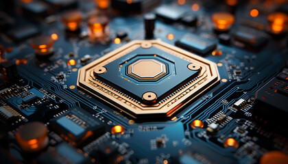 Fototapeta premium Computer chip, circuit board, motherboard, electrical component, data, electricity generated by AI