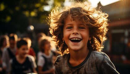 Obraz premium Smiling child, cheerful boys, playful girls, enjoying carefree summer generated by AI