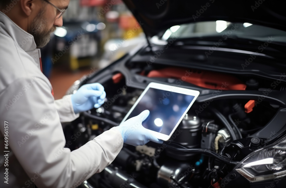 Aufkleber mechanic in white gloves using special digital tablet used for automobile checkup and fixing damaged