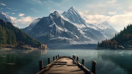A dock with a mountain  in  thebackground  and a dock in - obrazy, fototapety, plakaty