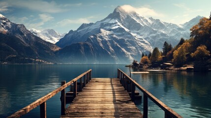 A dock with a mountain  in  thebackground  and a dock in - Powered by Adobe