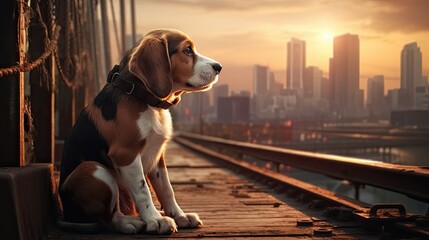 A dog is sitting on a wooden walkway in the city