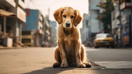 A dog is sitting on the sidewalk in the street