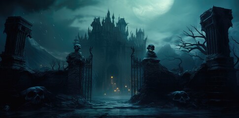 Halloween night scene with castle background. - obrazy, fototapety, plakaty