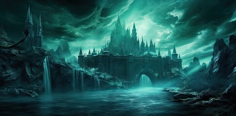 Halloween night scene with castle background.