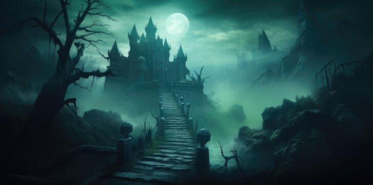 Halloween night scene with castle background.