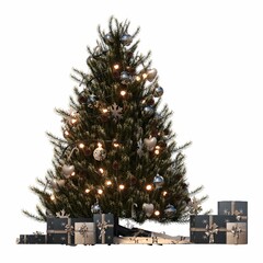 Christmas tree with decorations, isolated on white background, 3D illustration, cg render