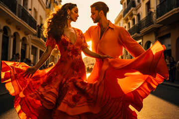 Passionate Flamenco Dance by Hispanic Couple at Sunset - obrazy, fototapety, plakaty