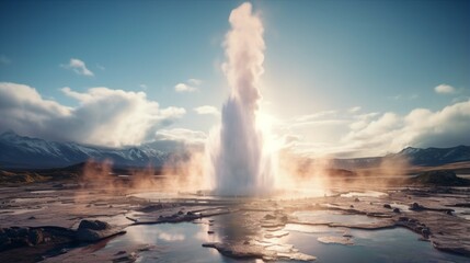 a picture of a geothermal geyser in full eruption, sending boiling water and steam skyward in a mesmerizing display of Earth's geothermal energy - obrazy, fototapety, plakaty
