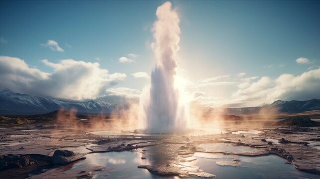 a picture of a geothermal geyser in full eruption, sending boiling water and steam skyward in a mesmerizing display of Earth's geothermal energy