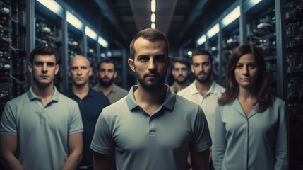 Group of IT engineers working in the data center with lots of decommissioned servers.