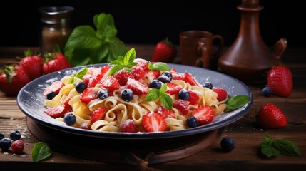 A plate of pasta with berries and strawberries