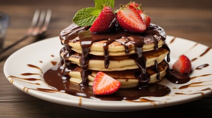 A plate of pancakes with chocolate syrup and strawberry - obrazy, fototapety, plakaty