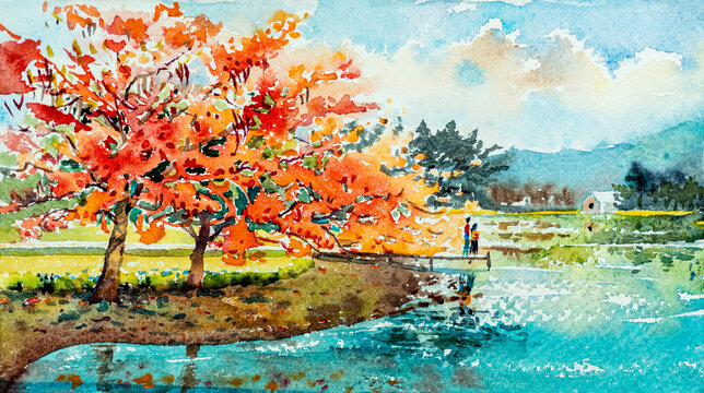 Watercolor landscape paintings Peacock flower in garden riverside with man, women couple.