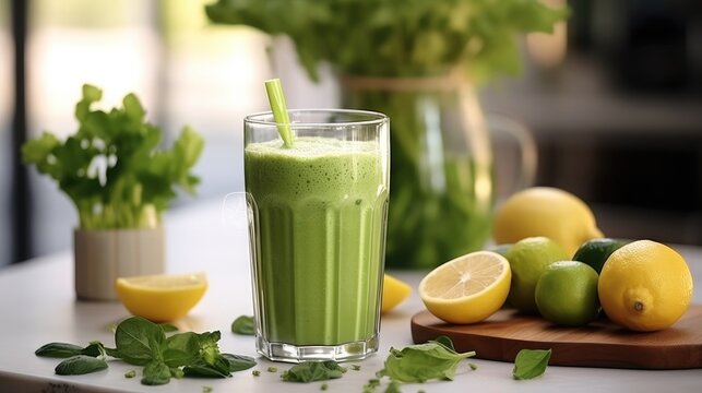 Healthy green smoothie made out of fresh lemon on countertop.