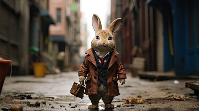 A rabbit in a coat stands on a sidewalk in the city