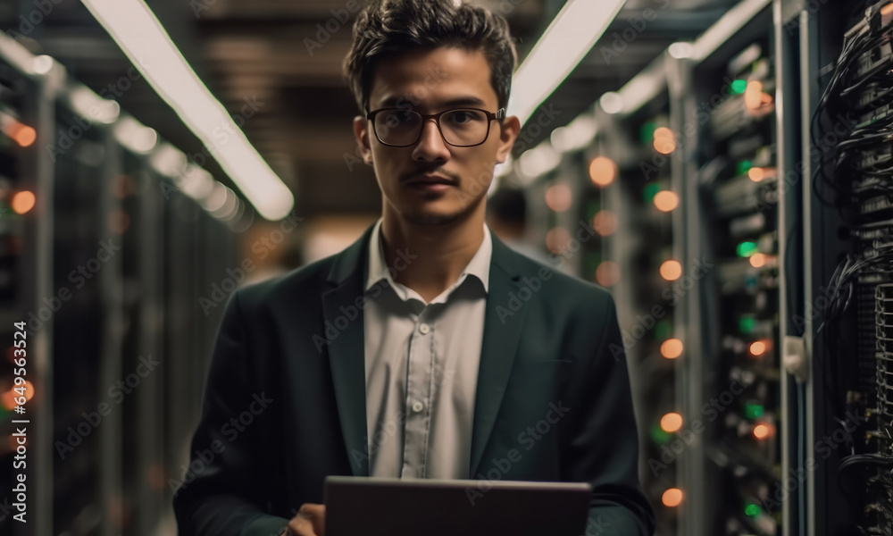 Poster it specialist holding laptop and working at a data center.
