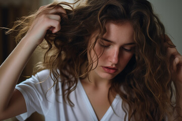 Woman is seen in image brushing her hair with brush. This picture can be used for beauty, personal care, grooming, or haircare-related content.