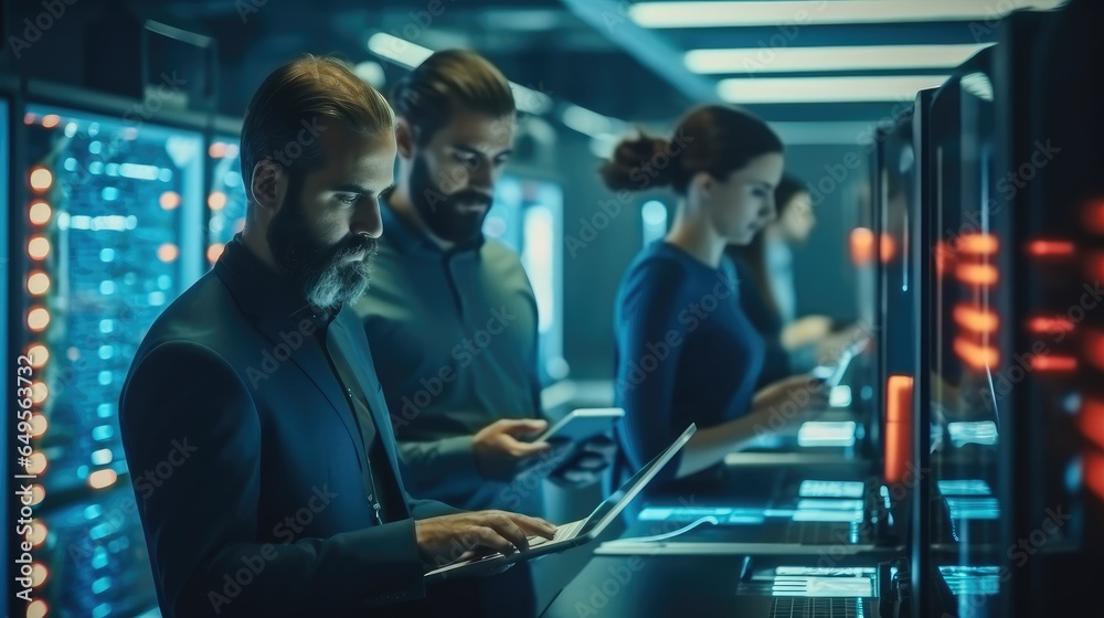 Poster it team of two people working in the data center, surrounded by servers.
